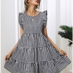 Shein Gingham Print Butterfly Sleeve Smock Dress